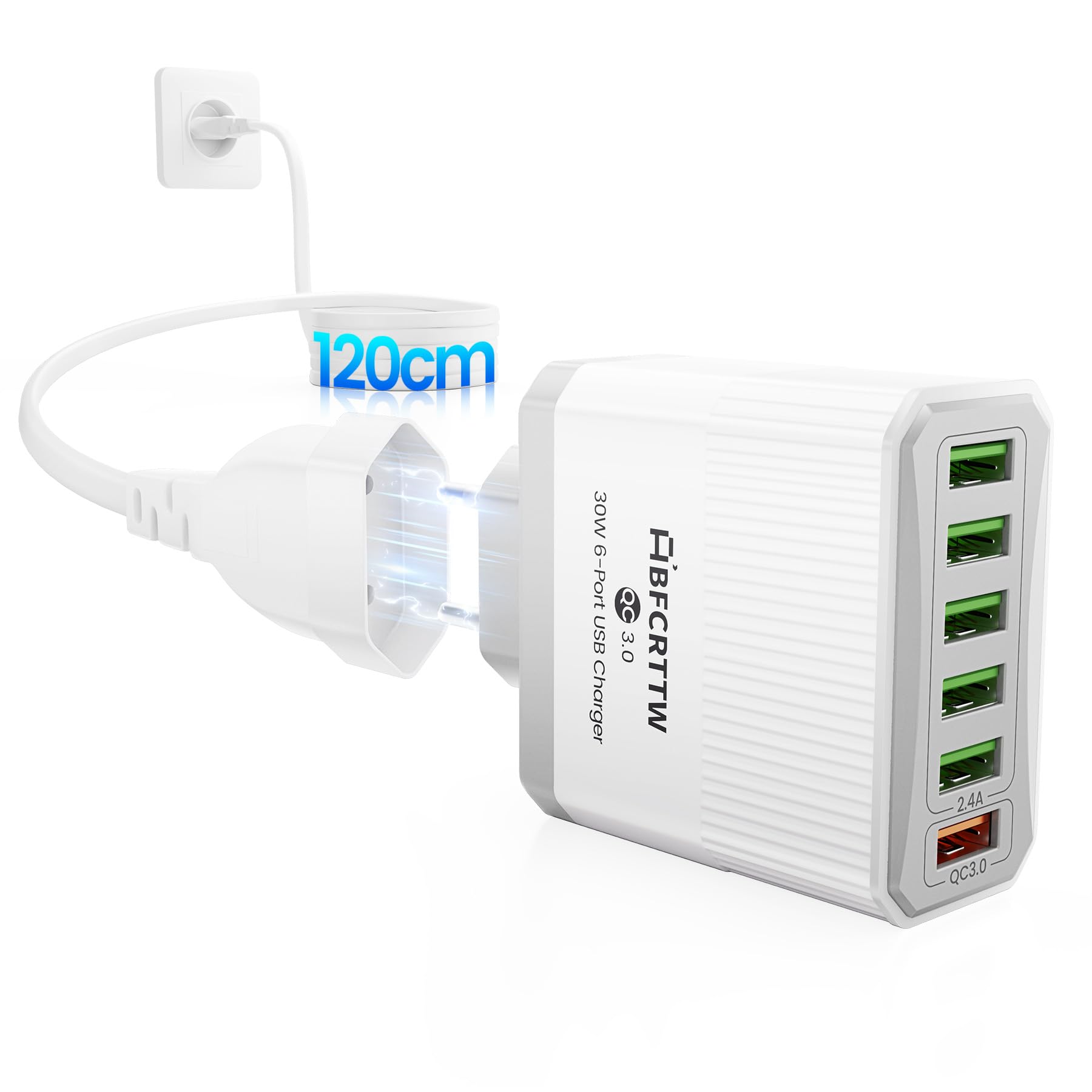 6-Port USB Ladegerät Mehrfach mit 120cm Netzkabel, 30W Steckdosenleiste mit USB, QC 3.0 Ladegerät Adapter für iPhone 16 15 14 13 12 11 Pro Max, iPad, Phone Steckdose Charger Netzstecker