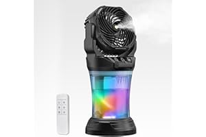 MISTFORE Portable Misting Fan,30000mAhRechargeable Misting Fan With Remote,Portable Mist Fans for Outside Patios Camping Beach & Travel,RGB Light,4 Speeds & Spray,120° Auto Oscillating,2l Bucket Mist Cooling