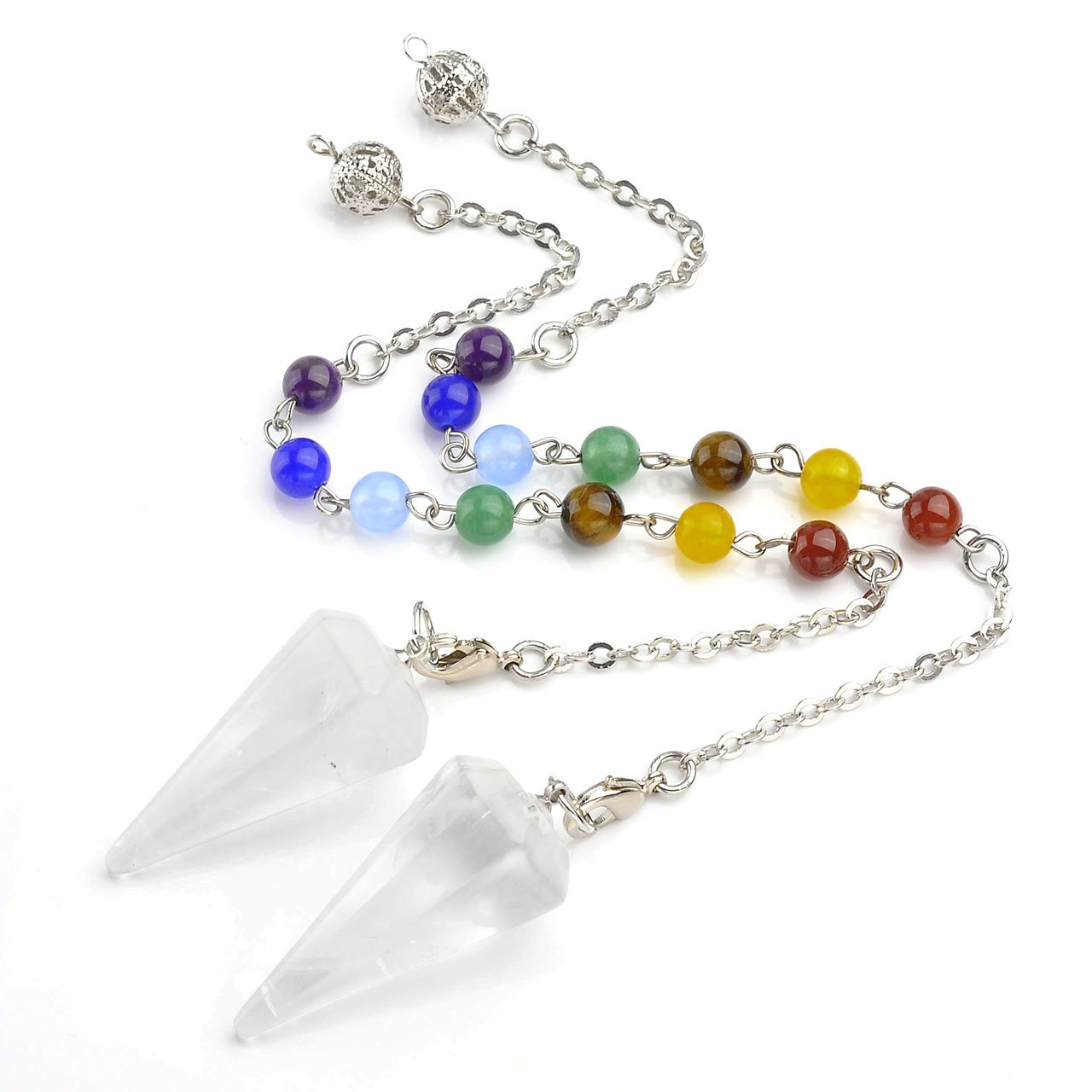 JOVIVI Pendule Esoterisme Radiesthesie Divination Rod Hexagone 7 Pierres Chakra Pendentif Combinaison Bracelet + 7 Pierres Chakras Naturelles Irregularite Tibetin Bouddhiste - Cristal Blanc