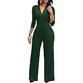 FANDEE Formal Jumpsuits for Women, High Waist Wide Leg Rompers Business Work 3/4 Sleeve One Piece Outfits with Pockets