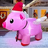 BLOWOUT FUN 4ft Inflatable Christmas Flying Pink Piggy Decoration, LED Lighted Blow Up Decor Indoor Outdoor Holiday Art Decor Decorations