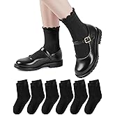 HONGTEYA 6 Pairs Girls White Ruffle Socks School Uniform Dress Socks for Kids Seamless Crew Ankle Cotton Size 2-14 Years