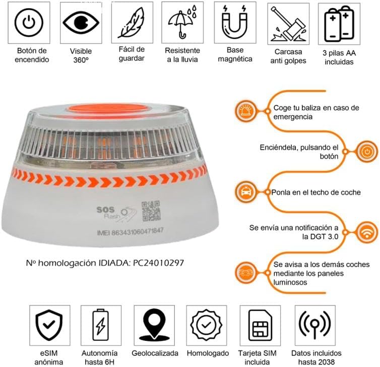 Luz Emergencia Coche Homologado DGT Geolocalización - V16 Exigible a Partir de 2026 - Baliza Conectada con DGT 3.0 - Imán Resistente - Plan de Datos Incluido
