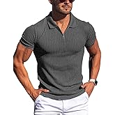 Gnvviwl Zipper Muscle Polo Shirts for Men Slim Fit Short Sleeve Cotton Ribbed Knit Golf Shirt