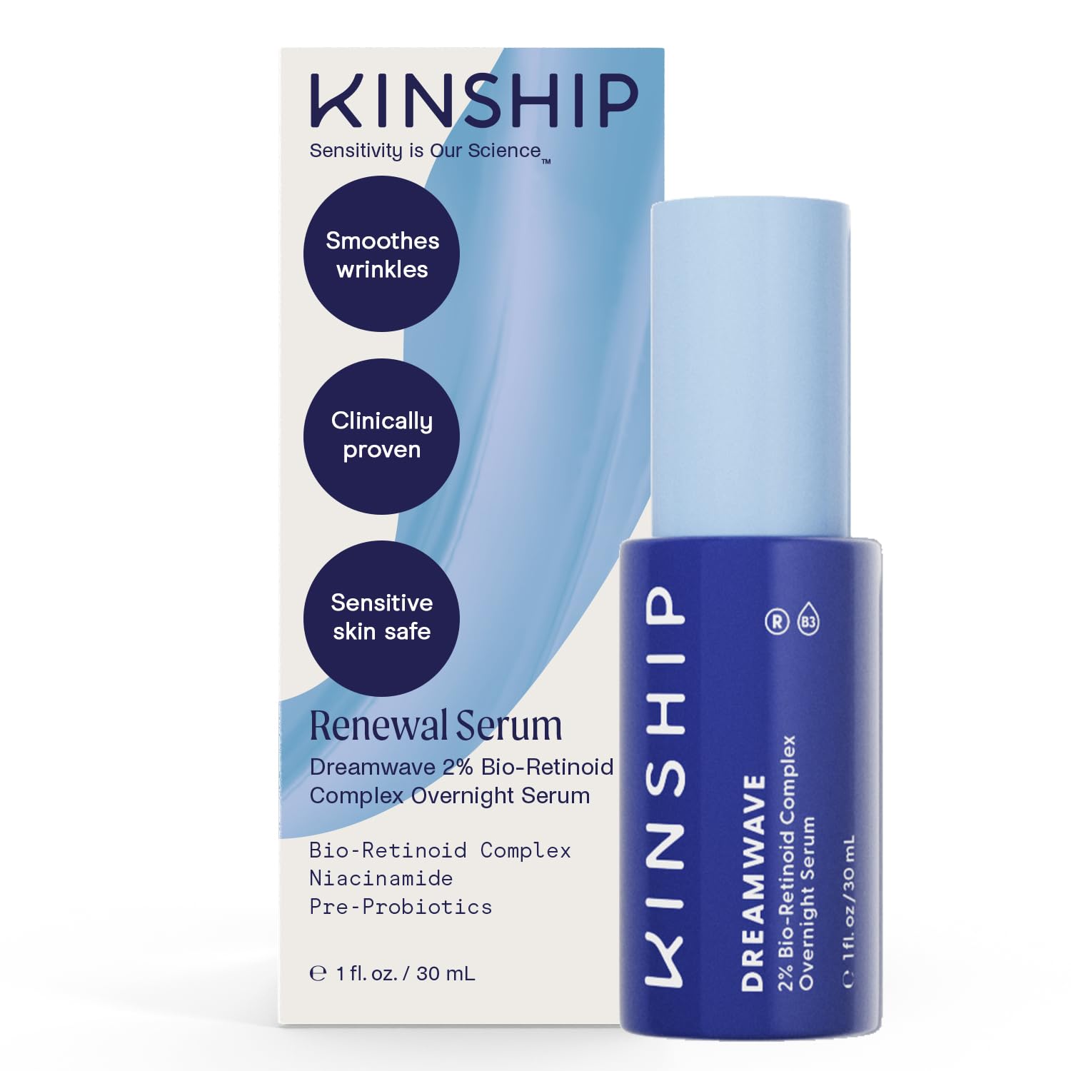 Kinship Dreamwave 2% Bio-Retinoid Overnight Renewal Serum - Retinol for Sensitive Skin - Smooth Wrinkles - Anti-Aging Niacinamide + Tranexamic Acid - Brighten, Moisturize, Reduce Redness (1 Oz)