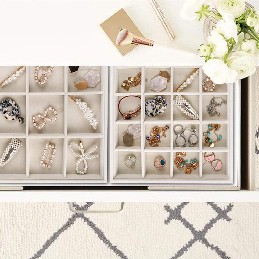 Mebbay Stackable Velvet Jewelry Trays Organizer, Jewelry Storage Display Trays All Velvet for Drawer, Earring Necklace Bracelet Ring Organizer, Set of 3 (Creamy White): Home & Kitchen