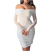 Floerns Women's Pearl Beaded Off Shoulder Wedding Guest Dress Long Sleeve Party Cocktail Going Out Date Night Mini Dress