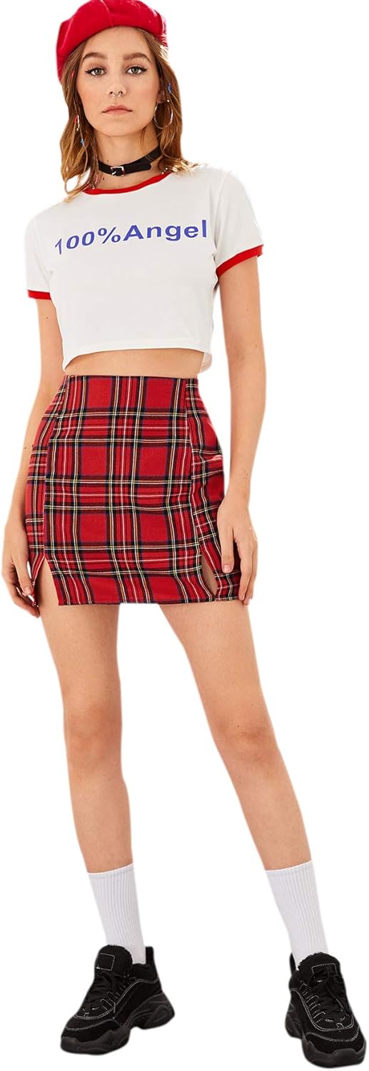 WDIRARA Women's Basic High Waist Bodycon Mini Plaid Uniform Skirt: Clothing