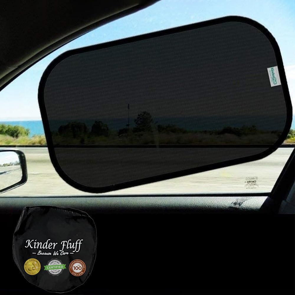 Car Window Shades - Certified 99.79% UVA & 99.95% UVB Sun Protection. Award Winning car Sun Shade for Side Windows. 4 Pack Semi Transparent 20" x 12" - Window Shade for car Baby by Kinder Fluff