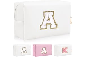 Personalized Initial Letter Patch Makeup Bag, Preppy Chenille Letter Cosmetic Pouch with Zipper, Color1-White-A
