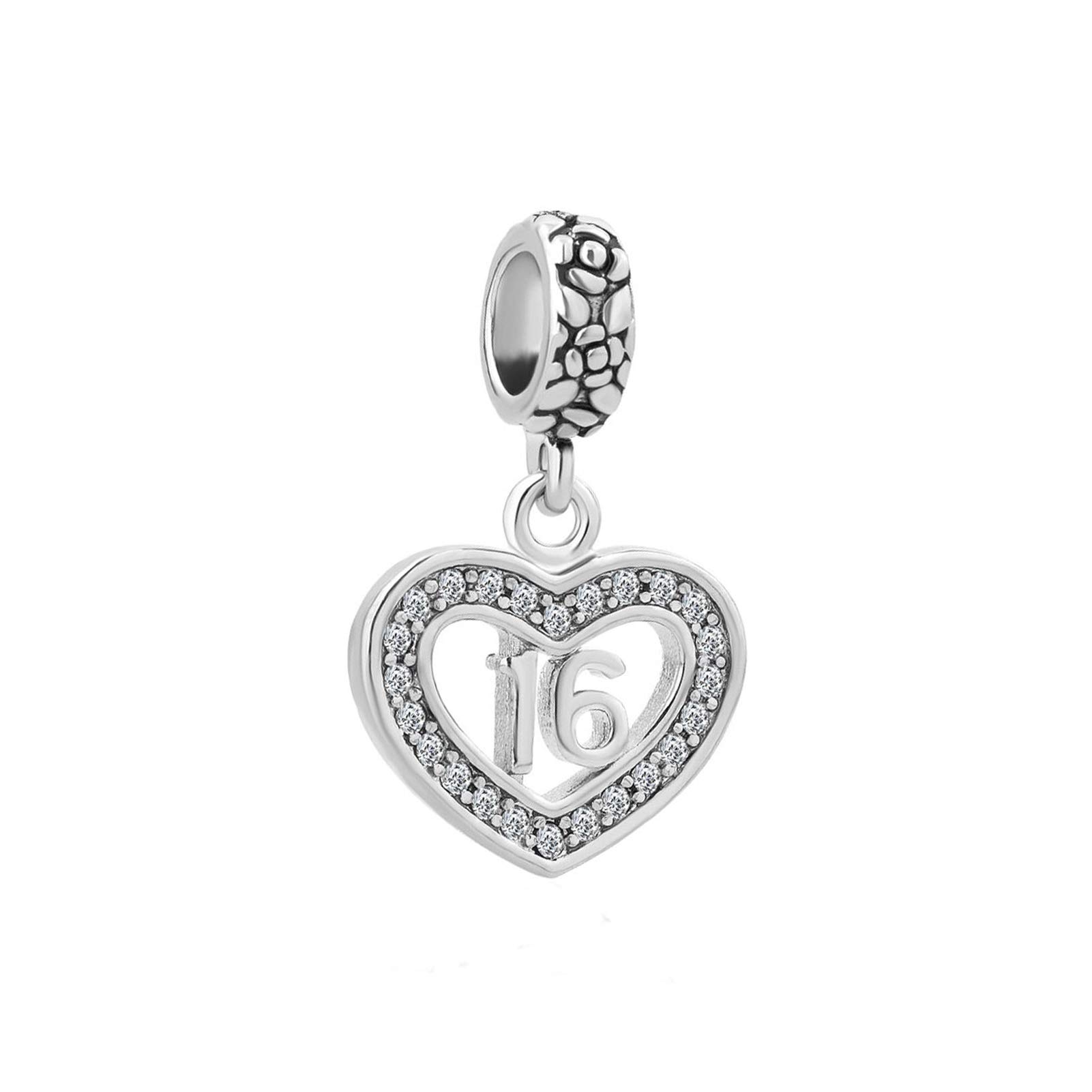 16 Birthday Love Heart Dangle Charm for Pandora Bracelets Christmas Anniversary Jewellery Gift for Women Daughter Granddaughter Sister Bestie Friends