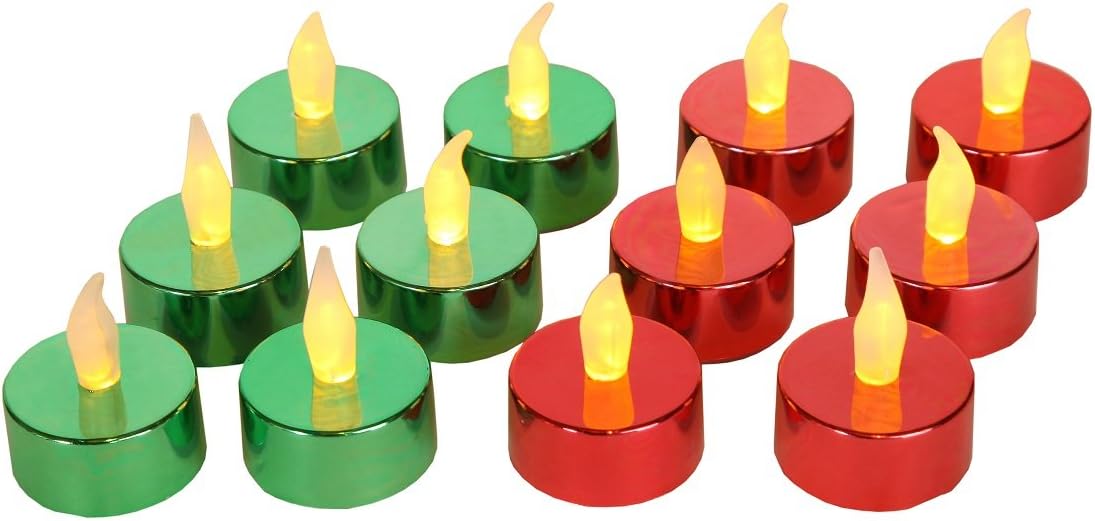 Home-X Flameless Tealight Votive Candles, Perfect for Holiday Parties and Decorating, Green and Red (Set of 12)