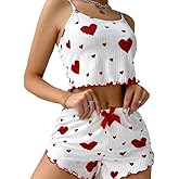 UNIQUEONE Cute Pajamas for Women Strawberry Print PJ Set Crop Cami Tops and Shorts Set 2 Piece Lounge Sets