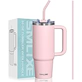 SMLIXE 30 oz Tumbler with Handle, Tumbler with Lid and Straw, Double Wall Vacuum Insulated Travel Mug Stainless Steel Tumbler for Hot and Cold, Cupholder Friendly (Pink)