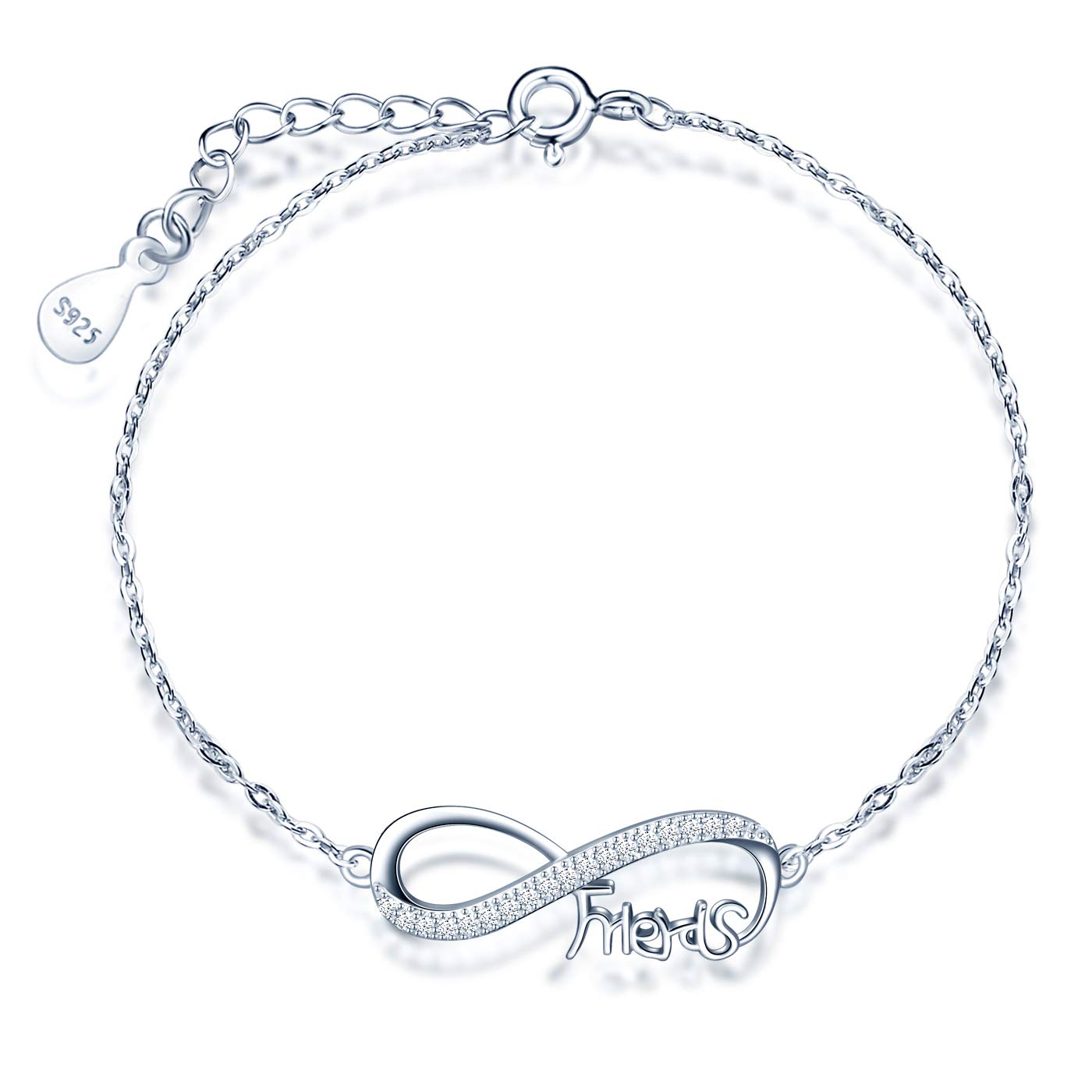 INFINIONLY Women's Girl's 925 sterling silver Bracelet, Infinity symbol and "Friends" element, Inlaid zircon, silver, Christmas Mother's Day Valentine's Day and Birthday gift