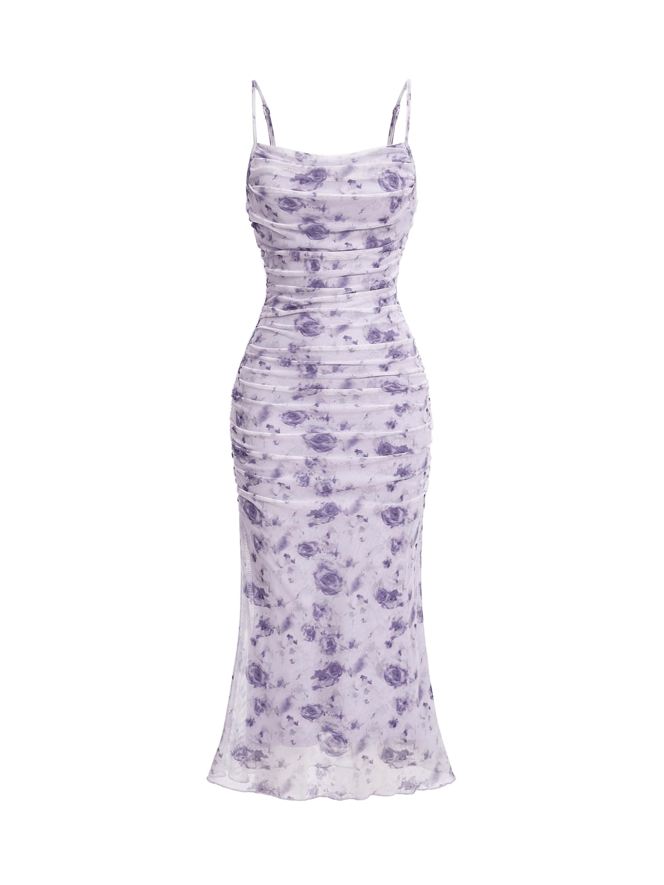 Photo 1 of GORGLITTER Women's Floral Bodycon Ruched Wedding Guest Dress Summer Boho Cocktail Birthday Prom Midi Sundresses 2025 Mauve Purple Floral Medium]['
