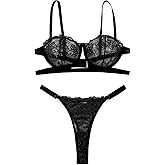 Lilosy Sexy Eyelash Underwire Floral Lace Sheer O Ring Linked Cutout Lingerie Set