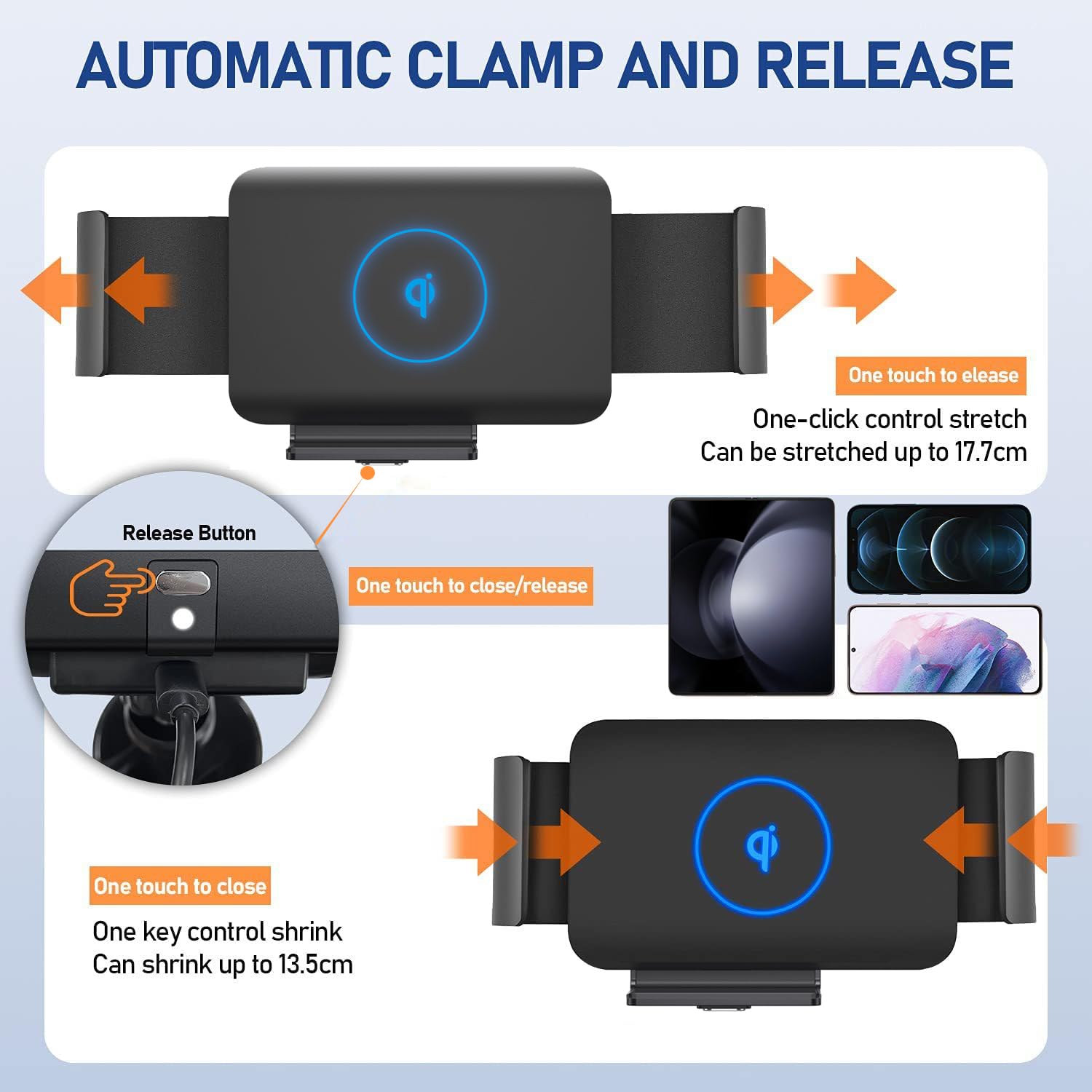 DearHot 15W Qi Wireless Car Charger Mount Holder Compatible for Samsung Galaxy Z Fold7 Fold6 Fold5 Fold4 Fold3 Fold2 Fold 4.3in-6.9in Phone Auto Clamp Fast Charger