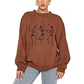 GLIGLITTR Women's Halloween Dancing Skeleton Sweatshirts Spooky Season Horror Skull Printed Pullover Shirt Oversized Tee Top