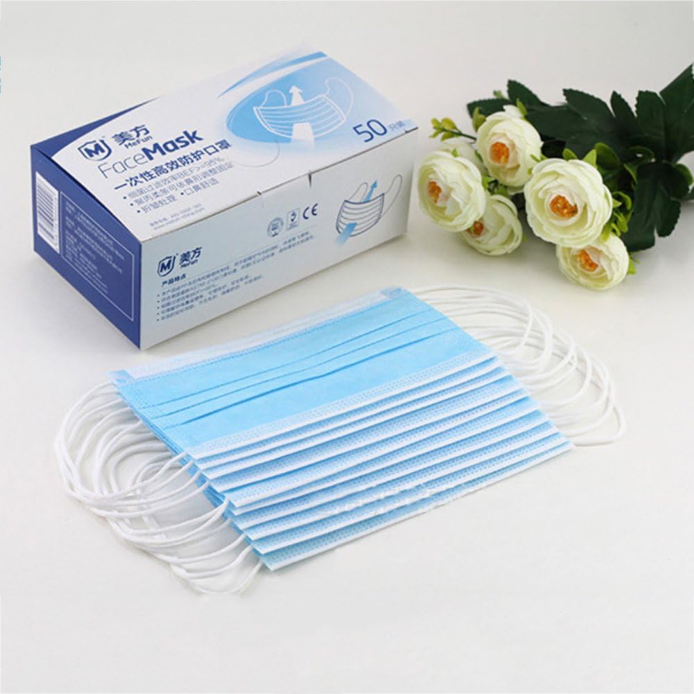 Disposable Earloop Face Masks, [50 Pieces]Htgtai Germ Dust Protection Three Layer Activated Carbon Filter Face Masks For Medical Dental Surgical Hypoallergenic Breathability Blue