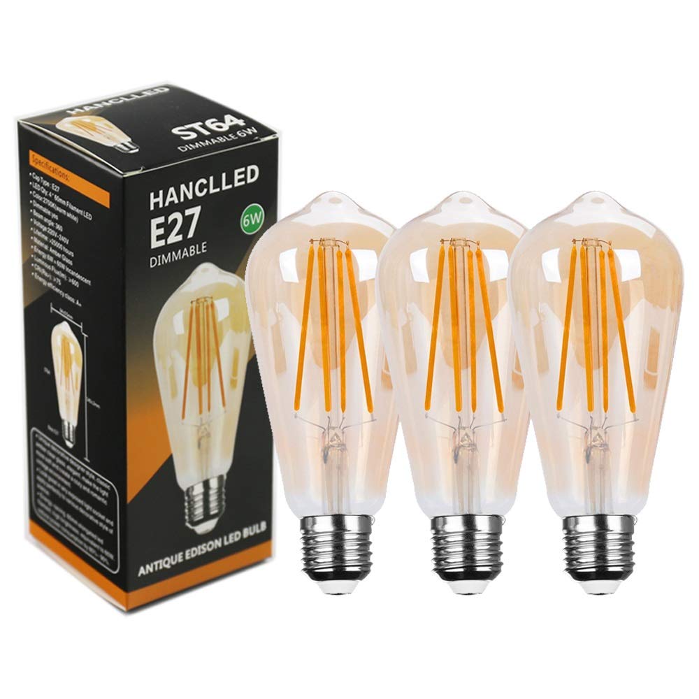 HANCLLED E27 Dimmable LED Bulbs Retro ST64 Warm White 6W Vintage Edison Screw ES LED Filament Bulb Amber Decorative Lamp Lighting Bulbs 60W Incandescent Energy Saving Light Bulbs Replacement [3 Pack]