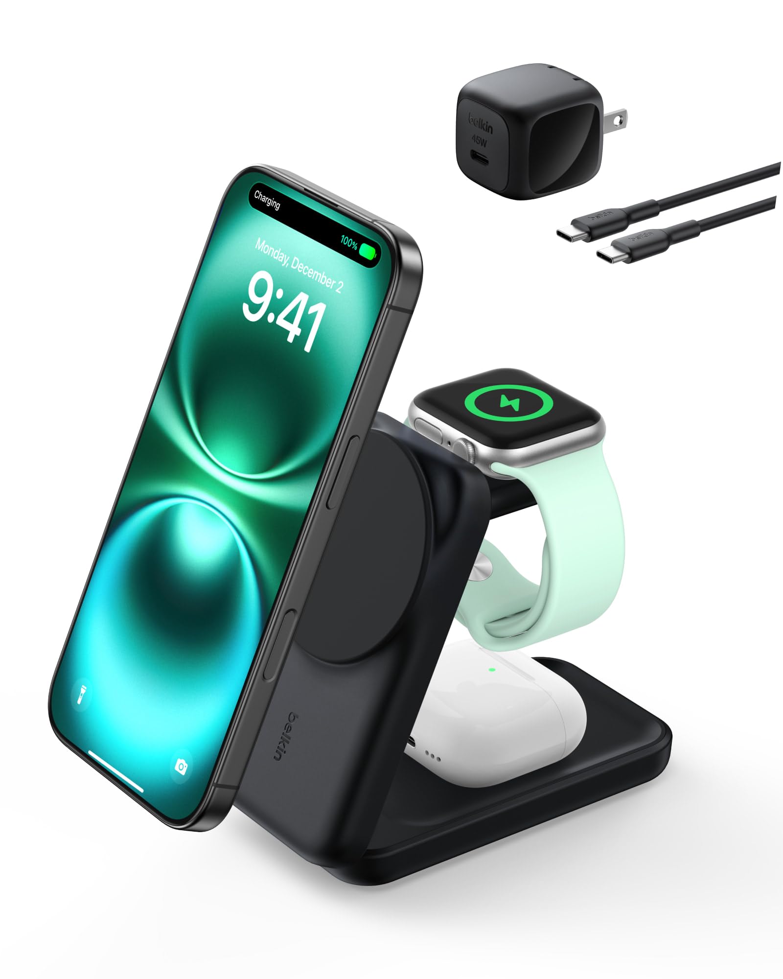 Photo 1 of Belkin MagSafe Charger Compatible, 3-in-1 Charging Station, Qi2.2 25W Magnetic Wireless Charger Dock, Foldable Charging Stand for iPhone 17/16/15, Apple Watch, AirPods, Pixel 10 (45W Adapter Included)