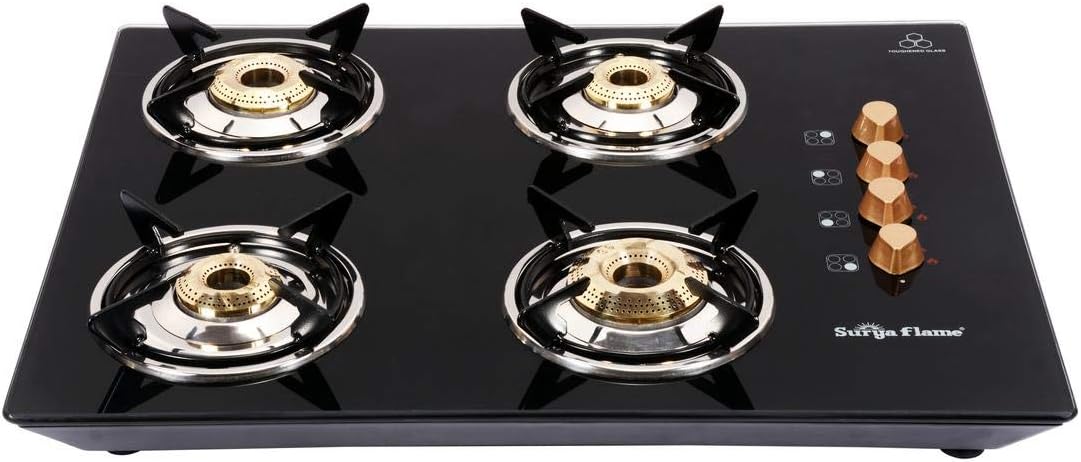 Surya Flame Elegence Hob Top Glass 4 Burner Gas Stove (Black)