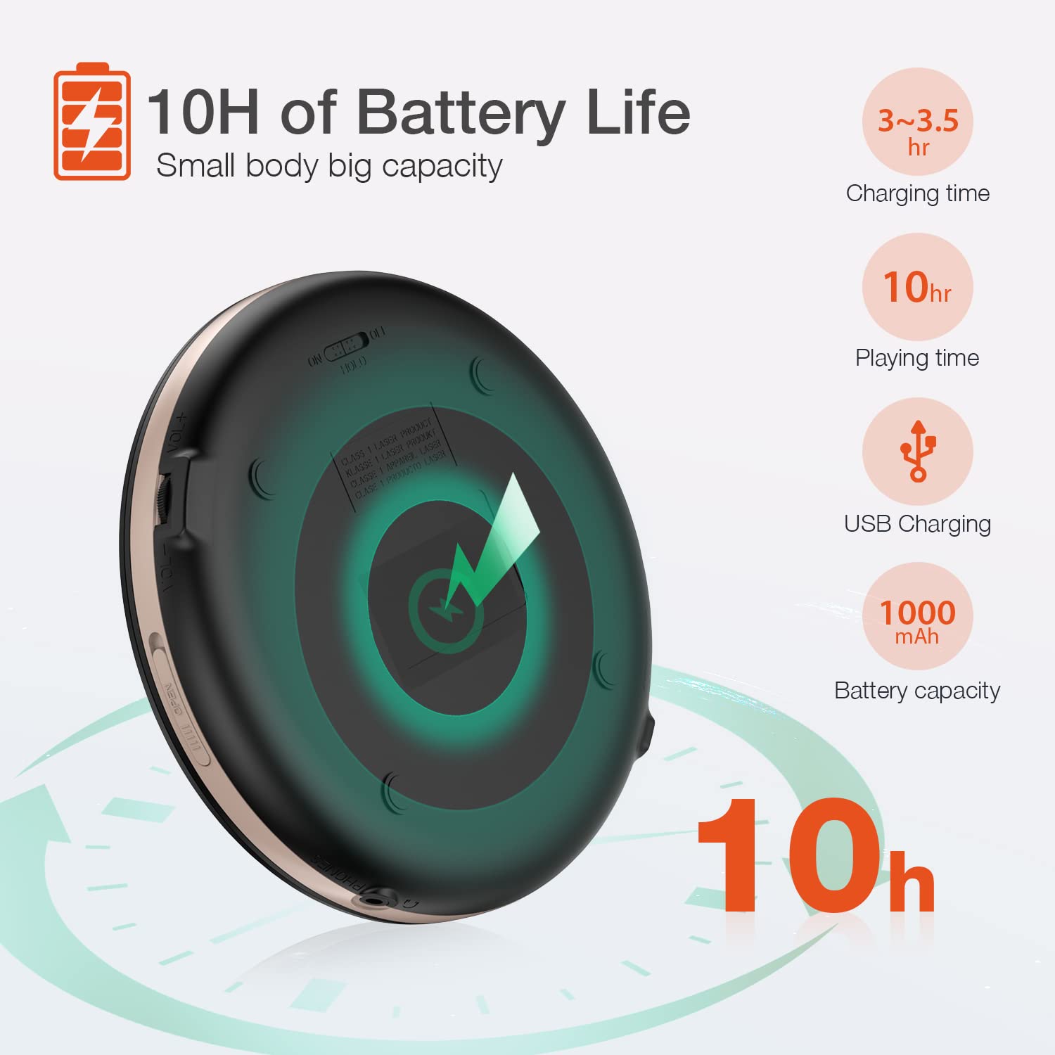 HOTT CD903TF Portable CD Player with Bluetooth and FM Transmitter with Touch Buttons Backlight,Rechargeable with AUX Cable,CD Player Shockproof for Car