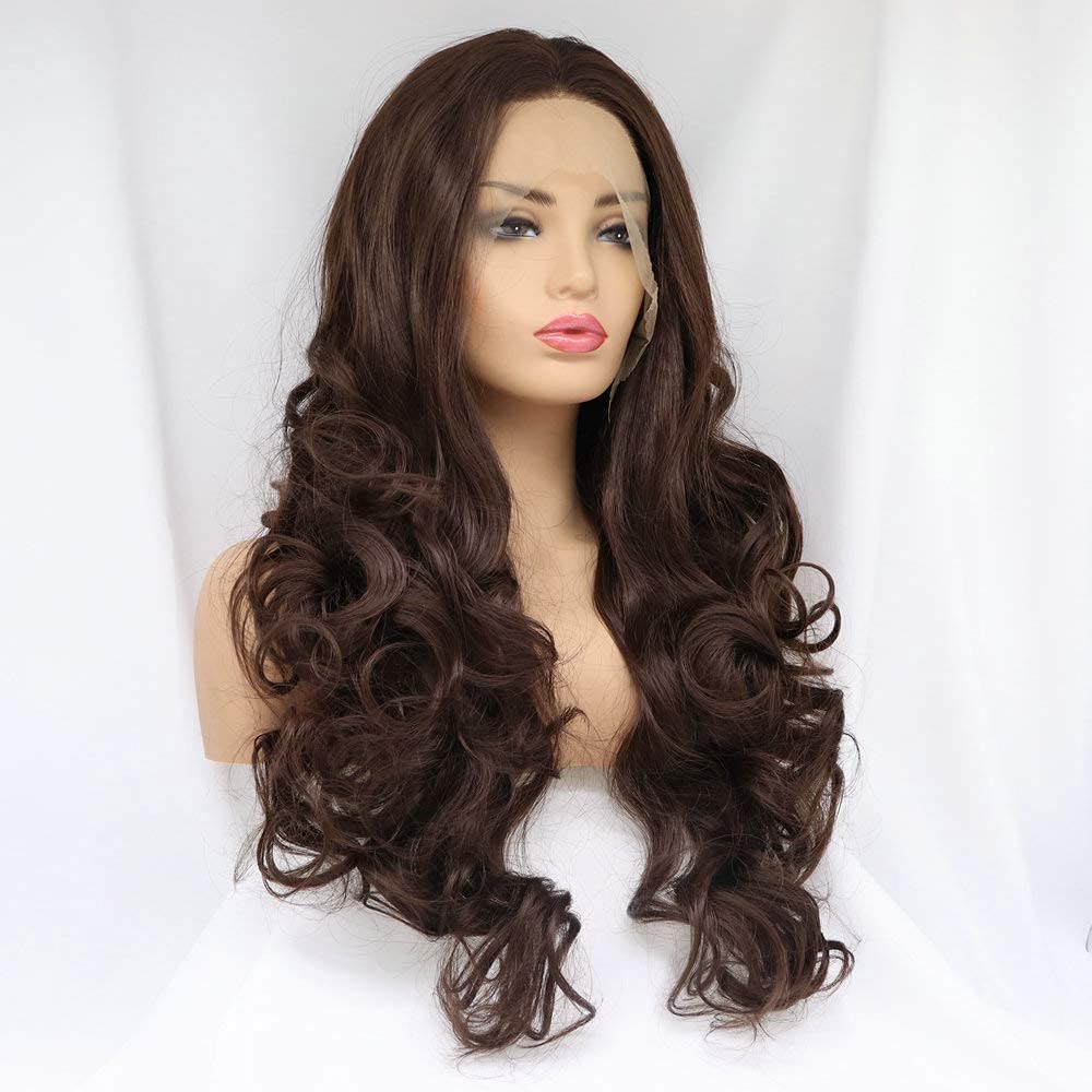 RainaHair Lace Front Wigs Natural Brown Long Body Wave Synthetic Realistic Soft wig Heat Resistant Daily Wear Replacement wig 180 Density 26 Inch