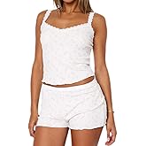XBTCLXEBCO Women Sexy 2 Piece Pajama Set Sleeveless Lace Trim Crop Cami Top and Shorts Pj Set Y2K Sleepwear Lounge Outfits