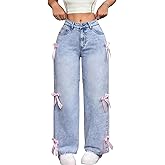 PEAINJ Baggy Jeans for Women Teen Girls Bow Cute Denim Jeans High Waisted Straight Leg Pants Aesthetic Scene Clothes