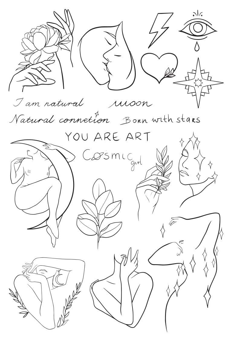 Temporary Tattoo Set By Tatsy, Natural Set, Original, Woman, Simple, Modern, Black, Minimalistic, Star, Heart, Eye, Floral, Unique Designs, Party, Festival, Fake Tattoos, Adults, Kids, Teenagers