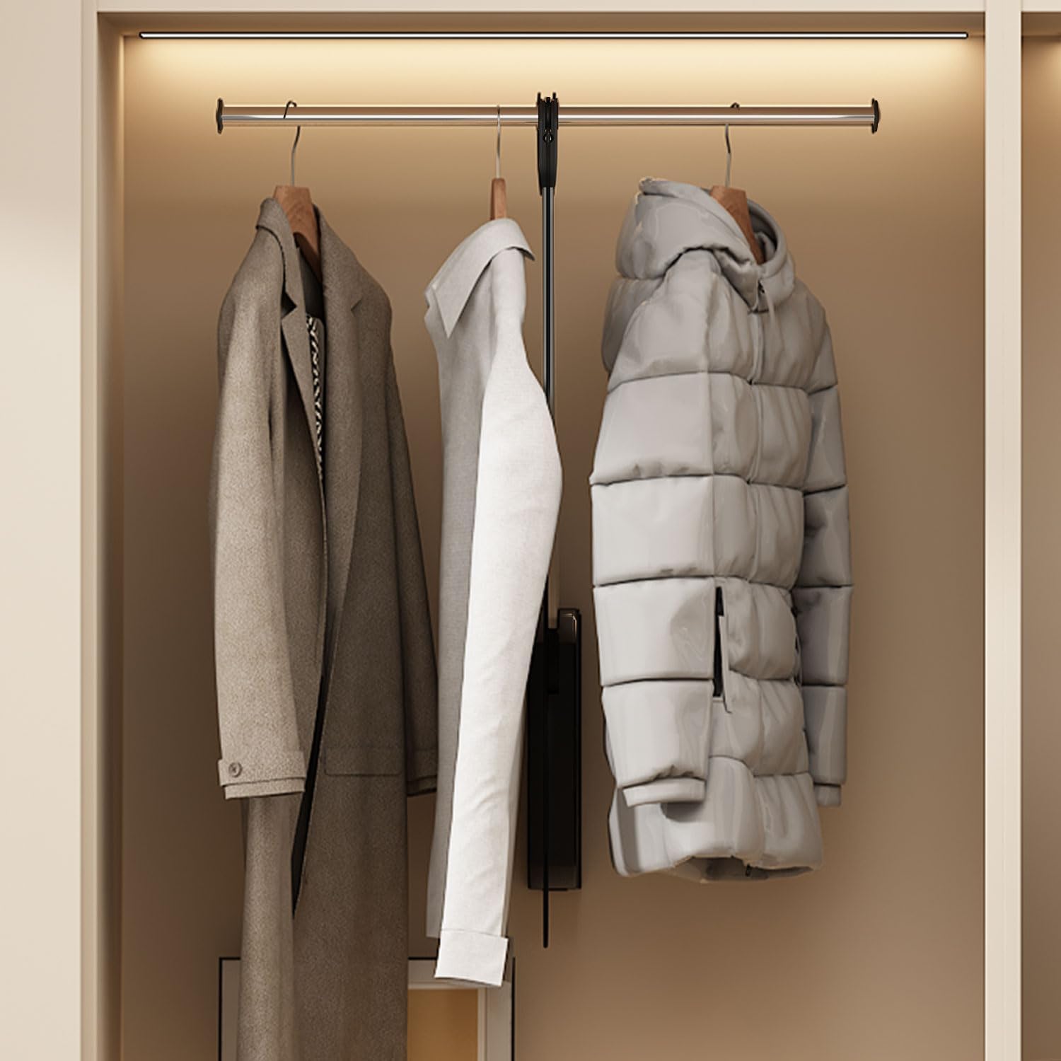 Photo 1 of Tcatec 26" Pull Down Closet Rod Stainless Steel Soft-Close Wardrobe Rail Organizer with Single-Way Buffering Single Arm Closet Organizer for Hanging Clothes,Back Mount Closet Rod,Holds Up to 22lbs