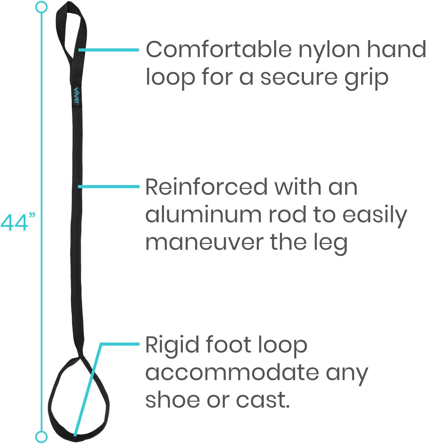 Vive Leg Lifter Strap (44 Inch) - Rigid Foot Loop, Hand Grip for Adult, Senior, Elderly, Handicap, Disability, Pediatrics - Long Band Mobility Aid for Car, Bed, Couch, Hip Replacement, Wheelchair: Health & Personal Care