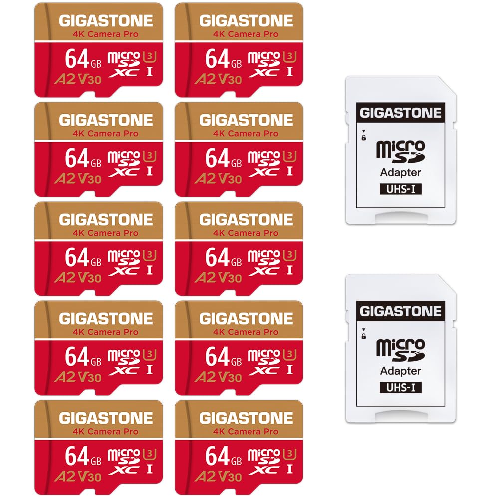 【5-Years Data Recovery】GIGASTONE 64GB 10-Pack Micro SD Card, 4K Camera Pro, for GoPro, Security Camera, Wyze, DJI, Drone, Dash Cam, R/W up to 95/35MB/s MicroSDXC Memory Card UHS-I U3 A2 V30