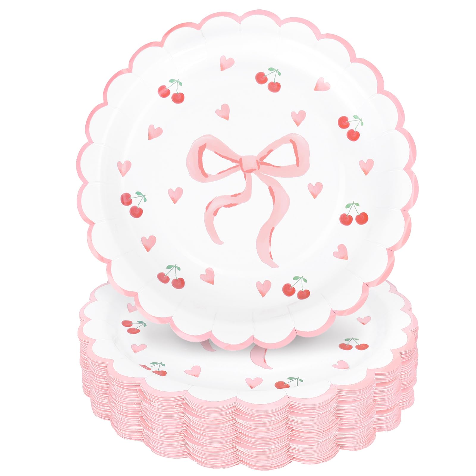 Photo 1 of Whaline 40Pcs Pink Bow Paper Plates 9 Inch Scalloped Bowknot Cherry Plates Bow Heart Disposable Dessert Cake Plate For Bachelorette Bridal Engagement Wedding Birthday Baby Shower Party Supplies