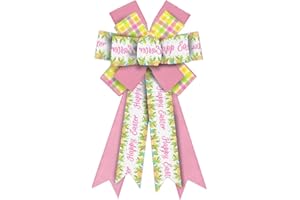 ABTOLS Large Easter Wreath Bow, Spring Easter Flower Bows for Wreath Colorful Buffalo Plaid Wreath Bows Easter Bows for Front Door Pink Yellow Easter Rabbit Tree Bows for Indoor Outdoor Decor