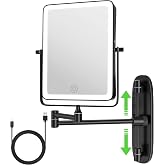 QiMH Wall Mounted Lighted Makeup Mirror, Rectangle Double Sided 1X/10X Magnifying Bathroom Height Adjustable, Rechargeable 3 Color and Dimmable Lights, Extended Arm 360 Rotation Shaving Vanity Mirror