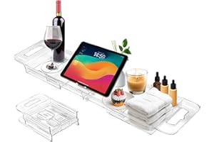 COKIHOM Expandable Bathtub Tray Caddy, Clear Bath Tray for Tub for Bath Relaxing, Foldable Bath Table Trays, Bathtub & Bathroom Accessories for Women Gift, Anniversary or Wedding Gifts, New Home