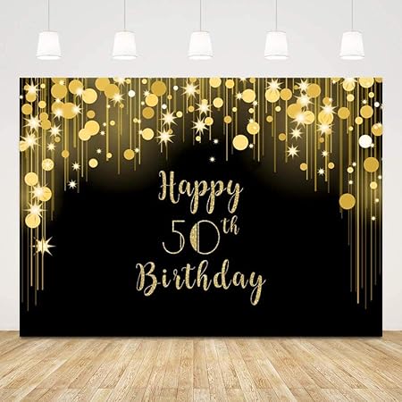 Amazon 50歳の誕生日の写真の背景黒とゴールドのハッピーバースデーの背景と光沢のあるライトスポット7x5ft50歳の誕生日の背景ゴールド50年のケーキテーブルバナーパーティー用品装飾フォトブースの小道具 バックペーパー 背景布 通販