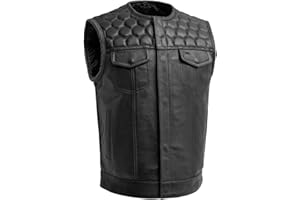 First Mfg Co Hornet Men’s Motorcycle Premium Leather Vest, Beehive Stitch, Rolled Collar, Honeycomb Quilted Top, YKK Zippers