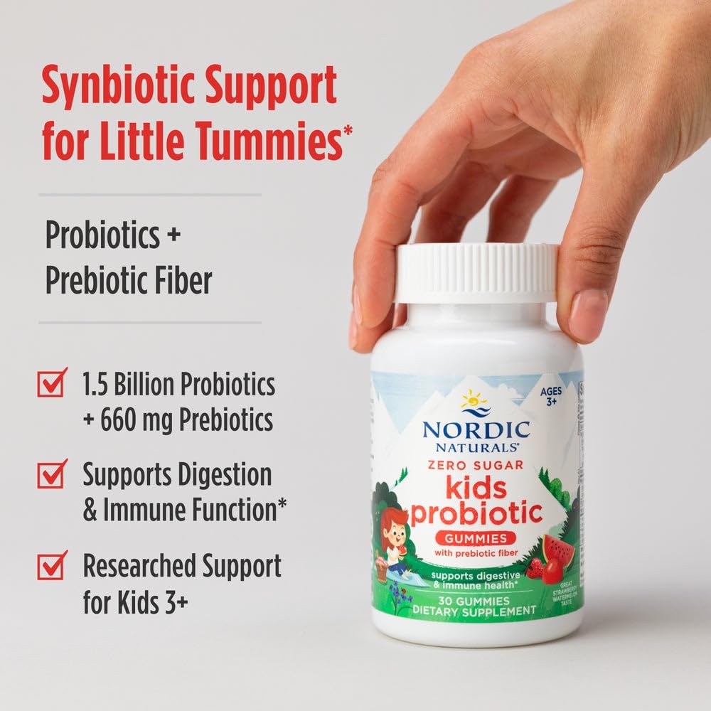 Nordic Naturals Zero Sugar Kids Probiotic Gummies - Strawberry Watermelon Flavor - 30 Gummies - Supports Digestive Wellness & Immune Health - Non-GMO - Third Party Tested - Vegan - 30 Servings