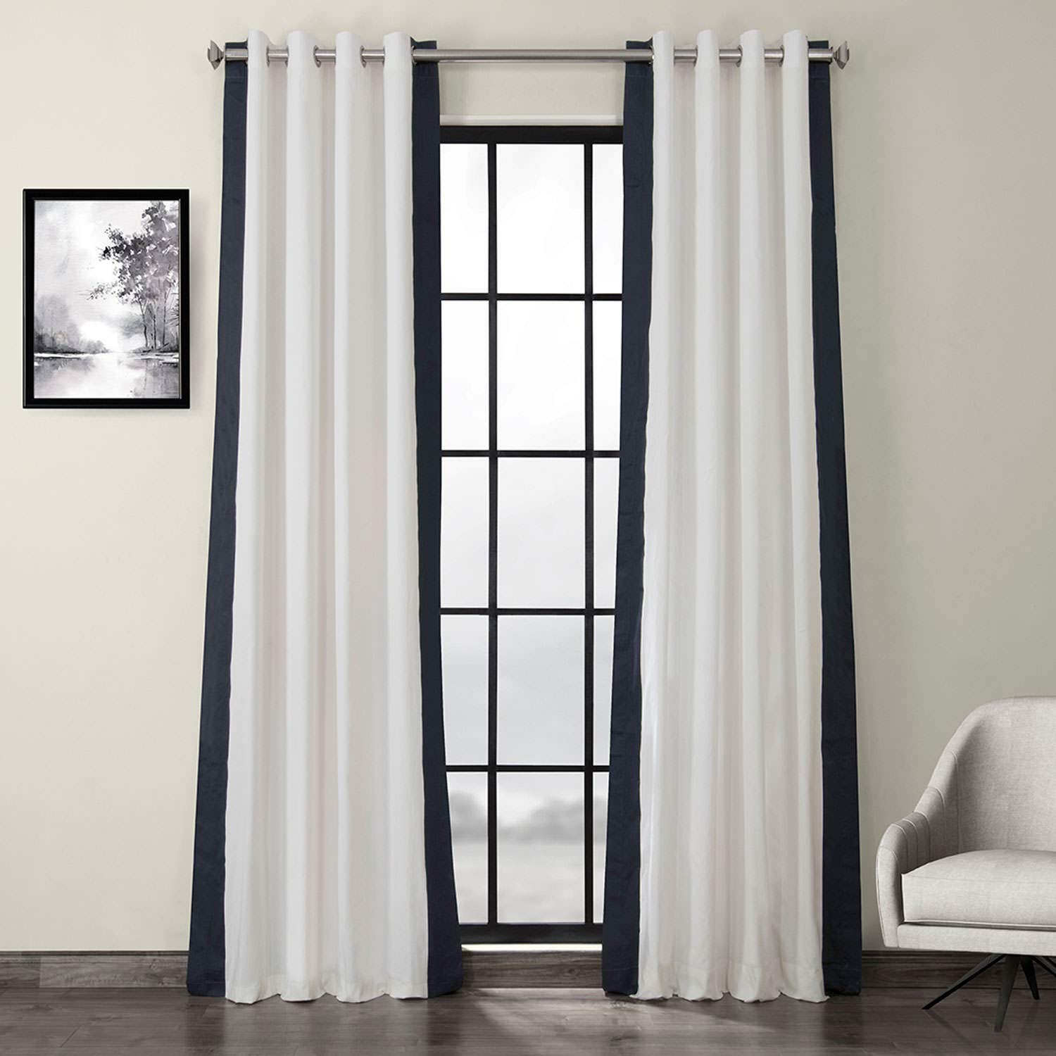 HPD Half Price Drapes Grommet Vertical Colorblock Curtain (1 Panel), Cotton, Fresh Popcorn and Polo Navy, 50" W x 84" L (Pack of 1)