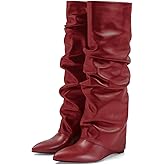 MICIFA Women's Fold Over Boots Slouch Knee High Boots for Women Wedge Heel Pull-on Pointed Toe Wide Calf Tall Shoes Black