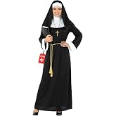 Morph, Nun Woman Costume, Nun Costume, Halloween Costumes for Women | Black Maxi Robe, Veil Headpiece with Neck Cover, Gold Cross Necklace, Rope Tie Belt Included, Perfect for Halloween