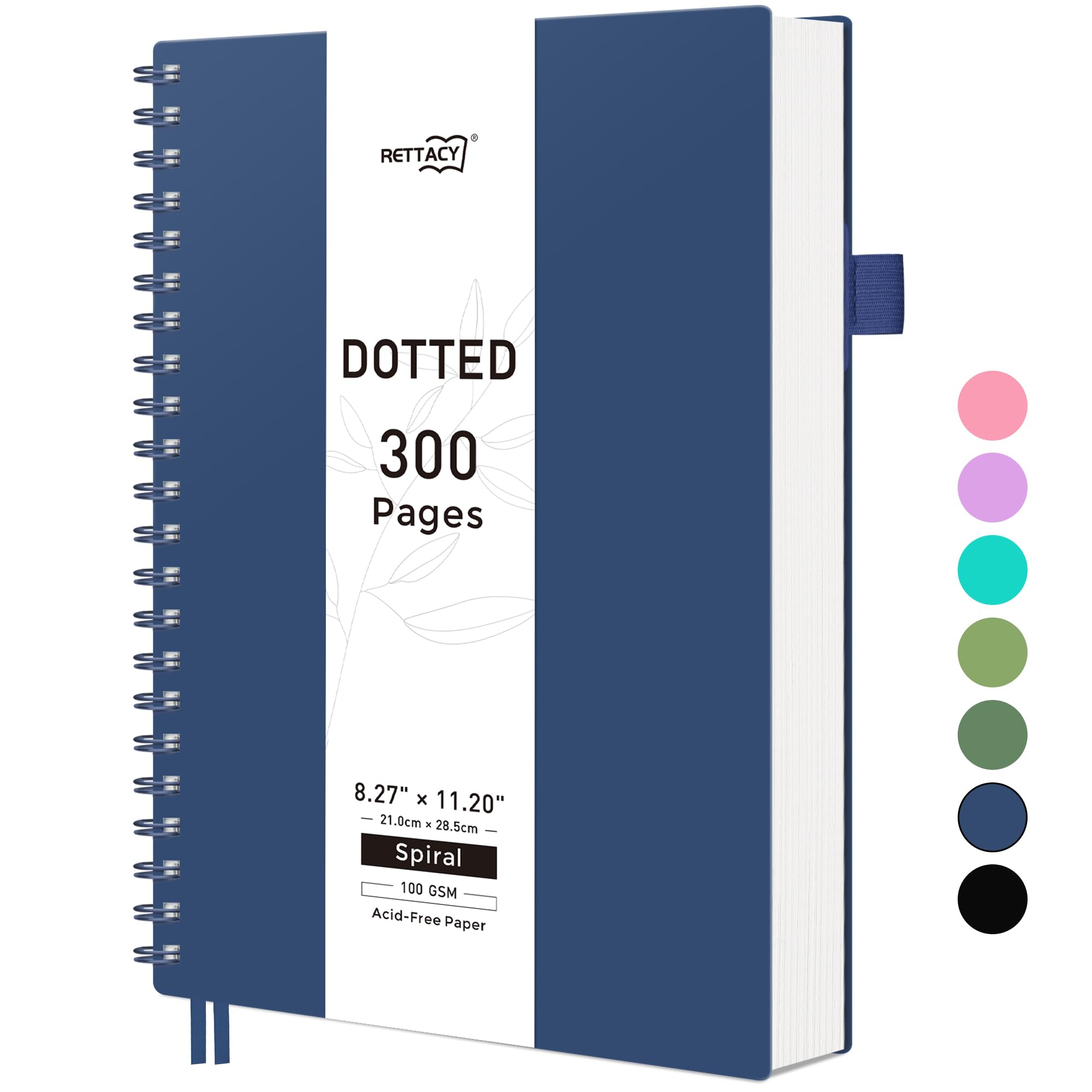 RETTACY Dotted Notebook A4, Bullet Dot Grid Journal, Wirebound Spiral Notebooks 300Pages /150 Sheets for Writing,100gsm, PVC Hardcover, for Women Men Work Office School, 21.5 x 27.9cm - Navy blue