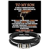 VIRAGIL To My Son BraceLet with Message Card and Gifts Box, Mesningful Gift From Dad and Mom on Birthday, Graduation, Chrisrmas,Leather Bracelets for Teen Boys, Never Forget That I Love You