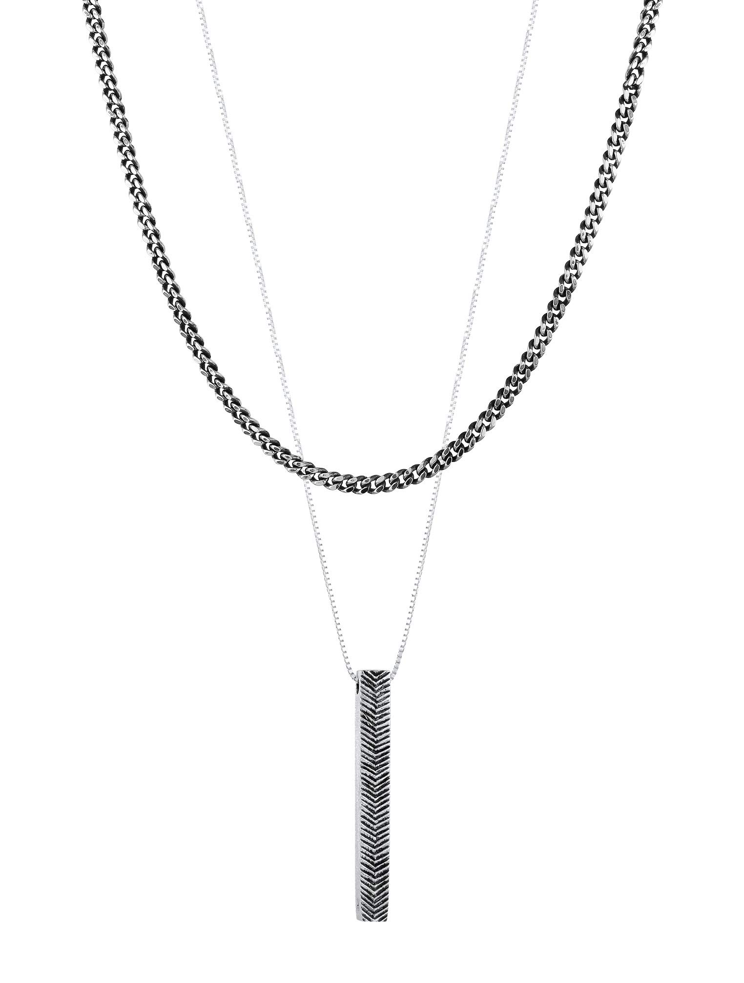 Kuzzoi 925 Silver Men's Necklaces with Pendant (40 mm) in 925 Sterling Silver Oxidised Necklace Set, Link Chains for Men, 2 Curb Chains in Layer Look with Chain Pendant, Length 50 cm
