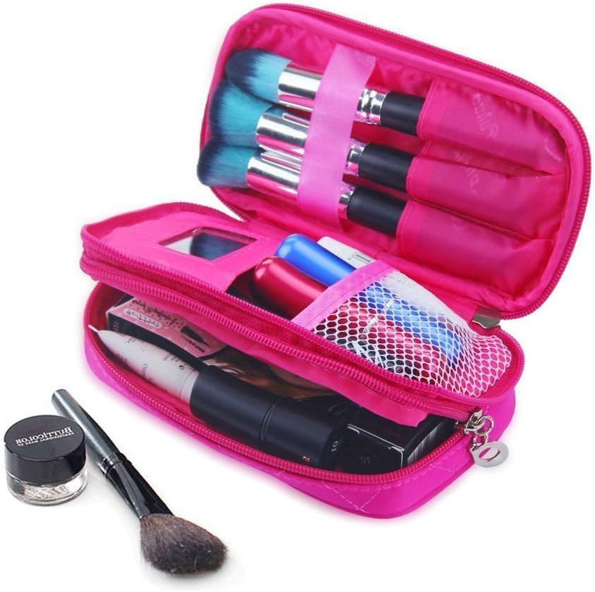 MONSTINA Make Up Bag for Women With Mirror Beauty Makeup Brush Bags Travel Kit Organizer Cosmetic Bag Professional Multifunctional 2 Layer Organiser (Rose Red)