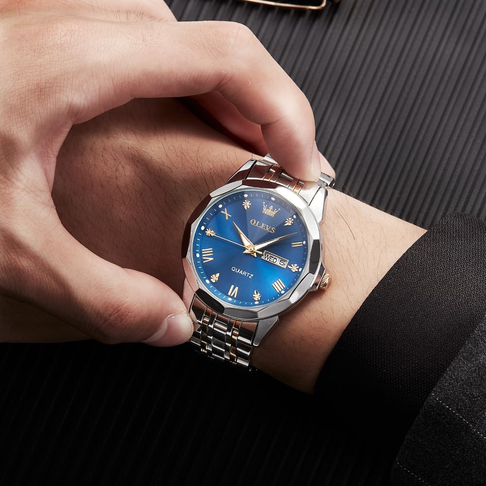 OLEVS Uhr Herren Luxus Diamant Edelstahl Wasserdicht Analog Datumsanzeige Business Original Blau Armbanduhr Herren 2